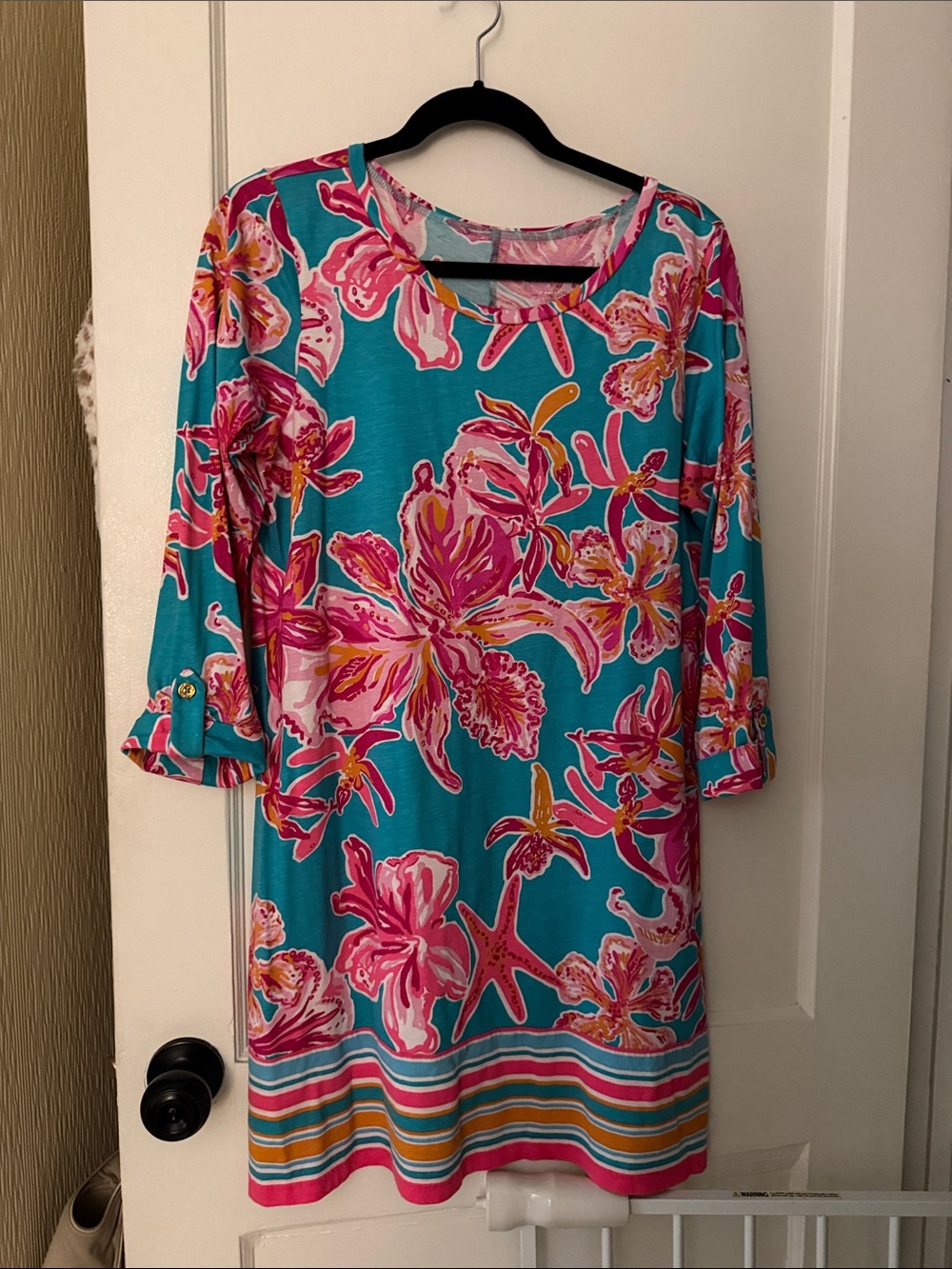 Lilly Pulitzer Turquoise Floral Midi Dress with Pink and Yellow Accents